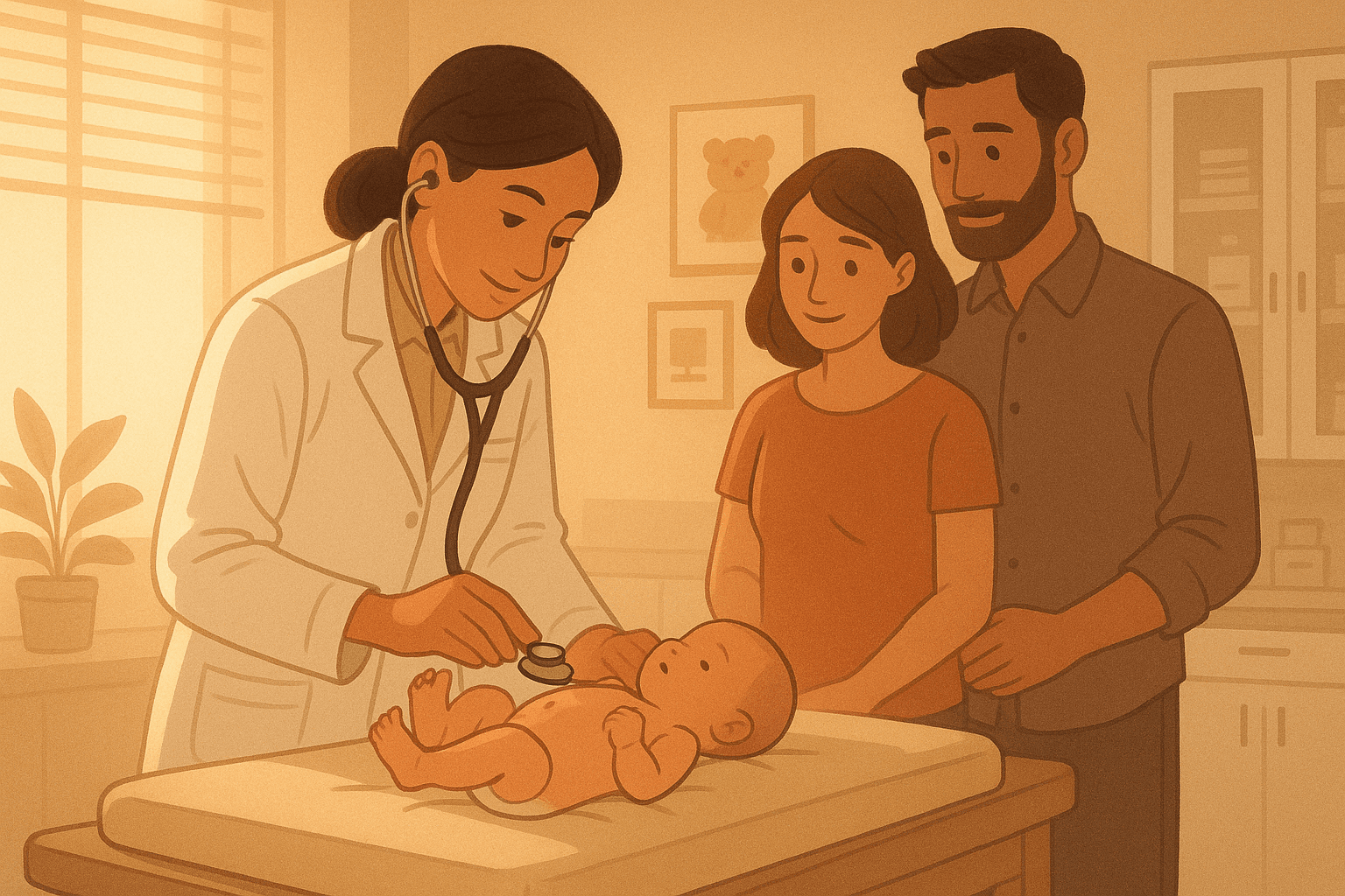 Neonatolog pregleda novorođenče u ordinaciji