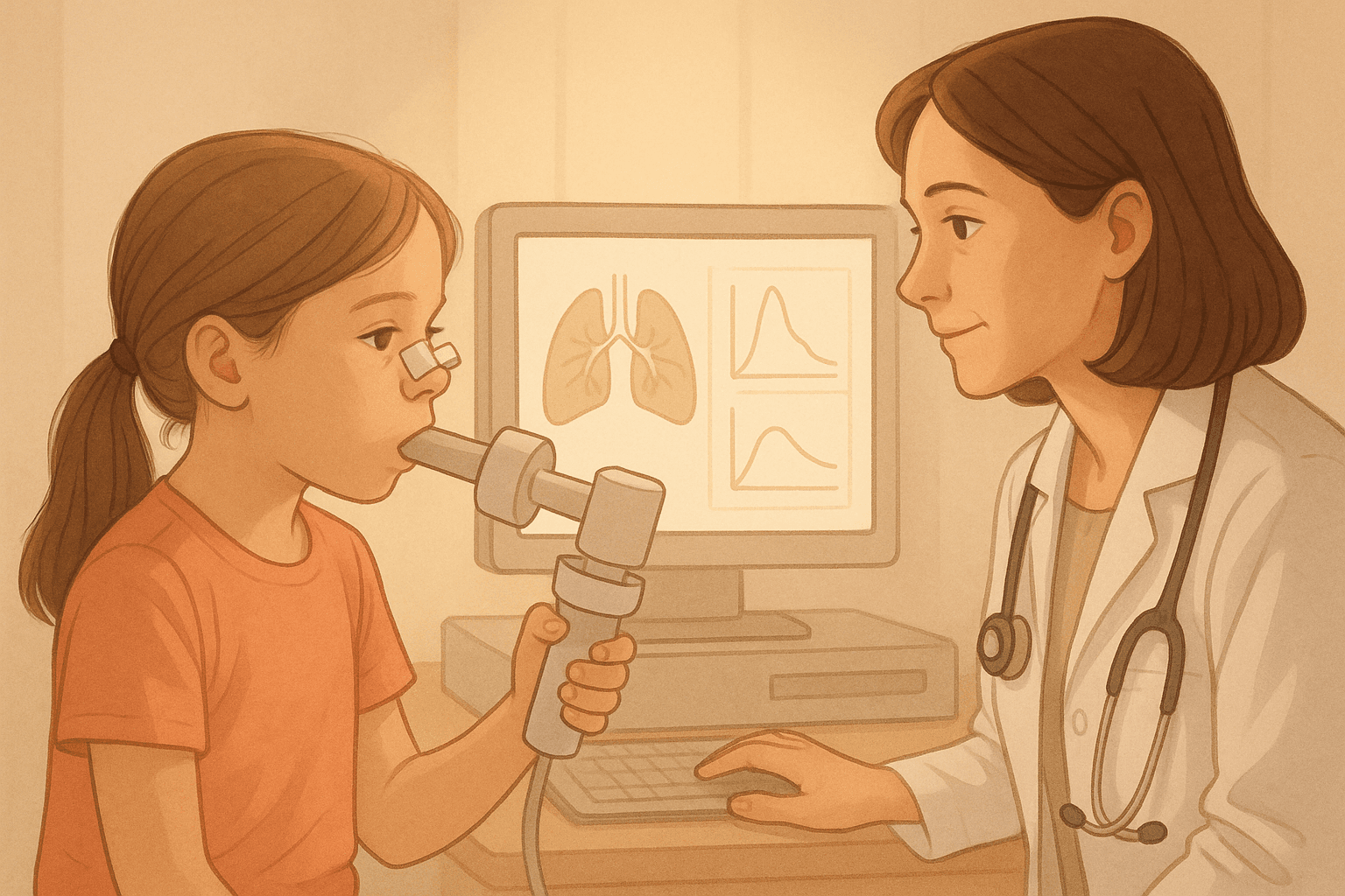 Devojčica izvodi spirometriju uz pomoć pedijatra